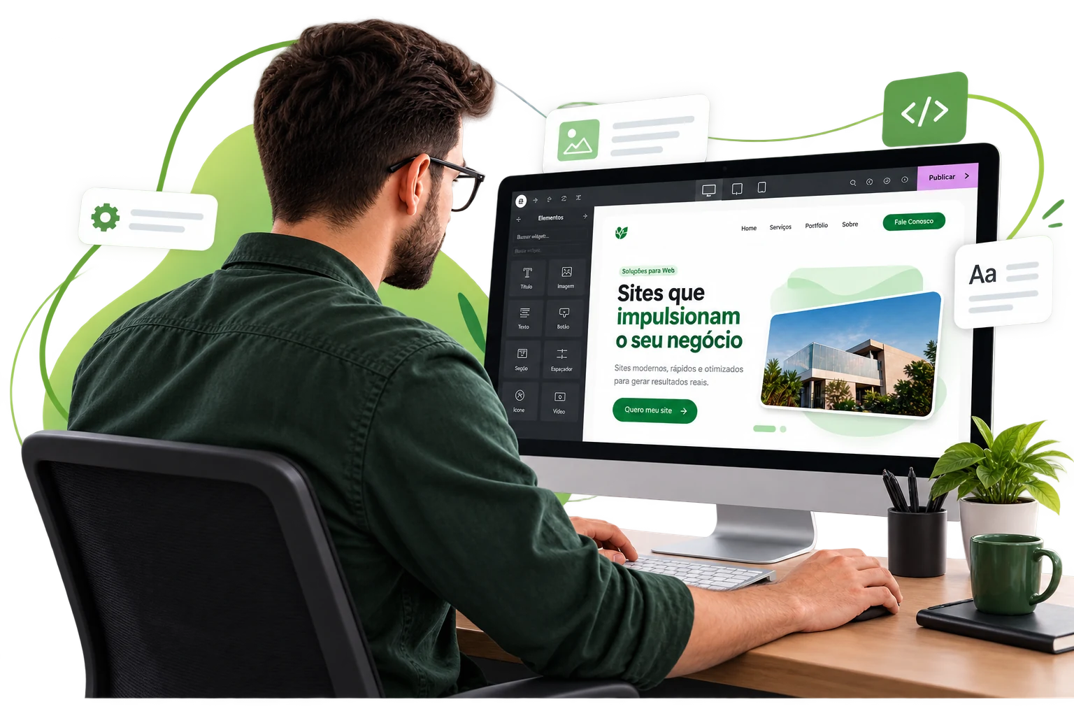 Desenvolvedor criando um site moderno no Elementor em um computador