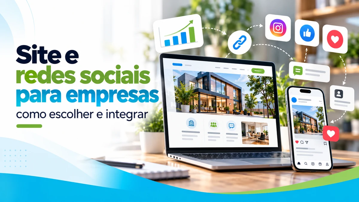 Notebook exibindo um site profissional e smartphone representando uma rede social, com elementos visuais que indicam a integração dos canais digitais.