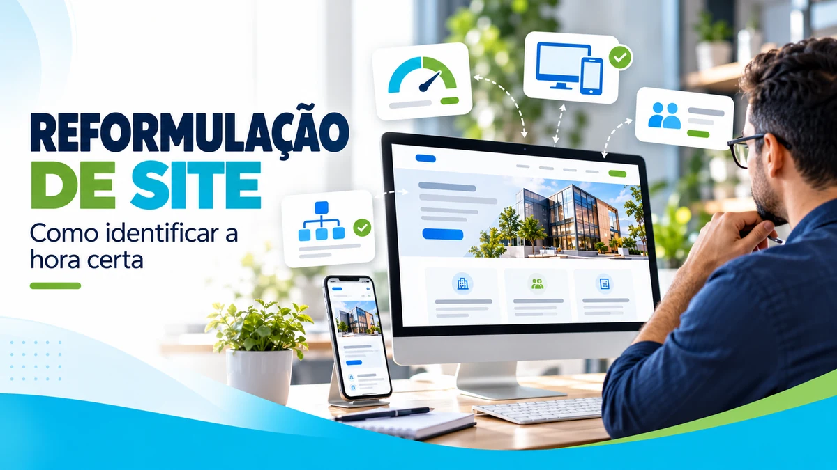 Profissional avaliando um site em um computador, com indicadores ilustrativos de desempenho, responsividade e estrutura para identificar necessidades de melhoria.