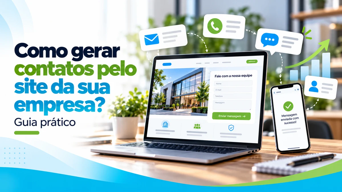 Notebook e smartphone exibindo uma página de serviços, formulário de contato e confirmação ilustrativa de mensagem enviada.