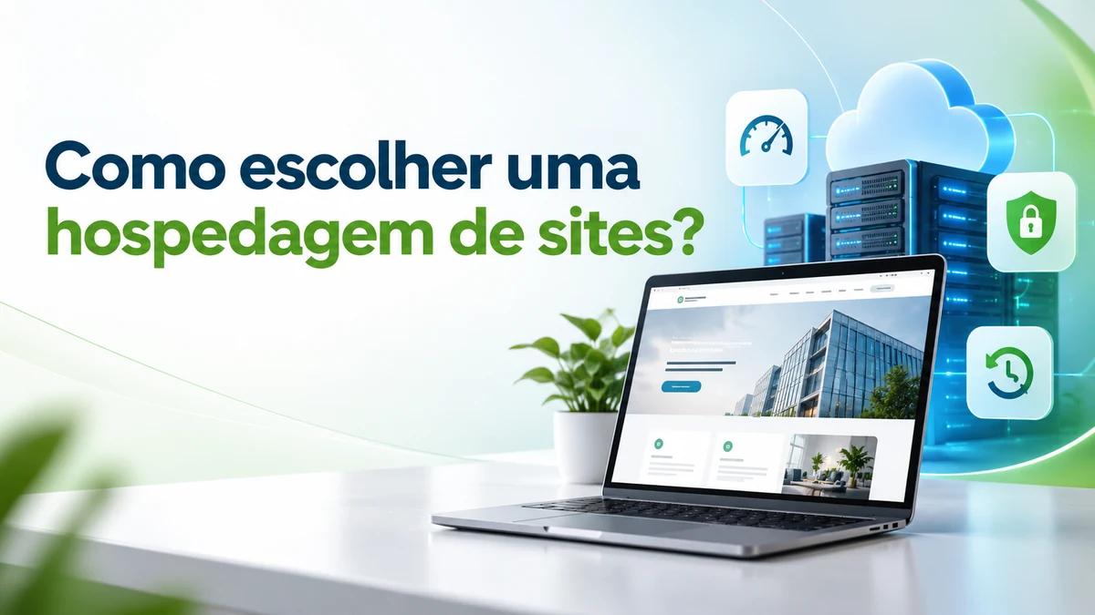 Notebook com site empresarial, servidores e elementos de segurança, desempenho e backup, ilustrando a escolha de hospedagem de sites.