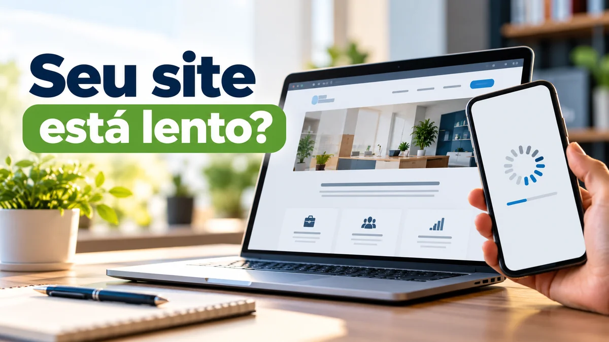 Notebook exibindo site empresarial e celular com indicador de carregamento, ilustrando problemas de lentidão em sites.