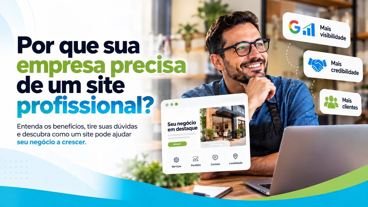 Empresário utilizando um computador com elementos visuais que representam os benefícios de um site profissional.