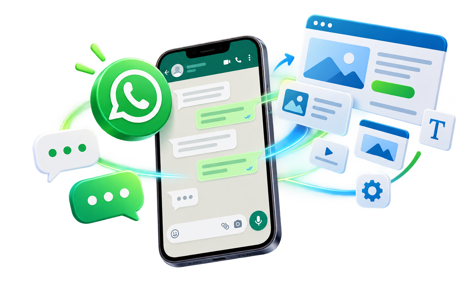Smartphone com conversa no WhatsApp conectado a elementos de um site em construção