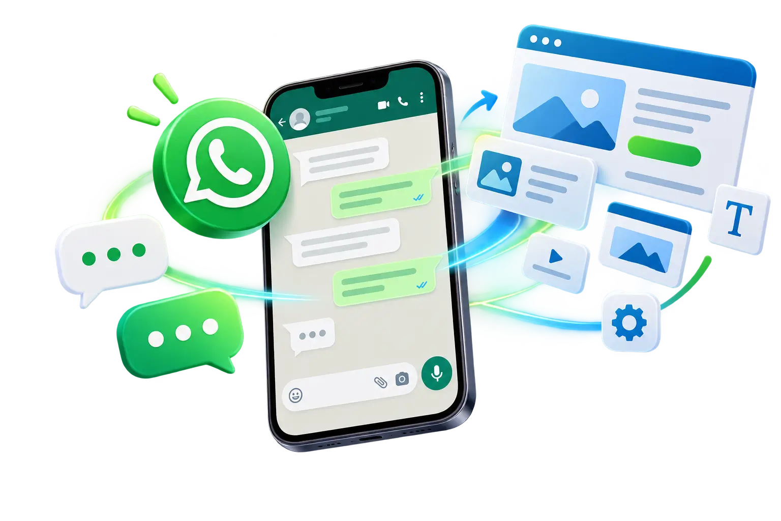Smartphone com conversa no WhatsApp conectado a elementos de um site em construção