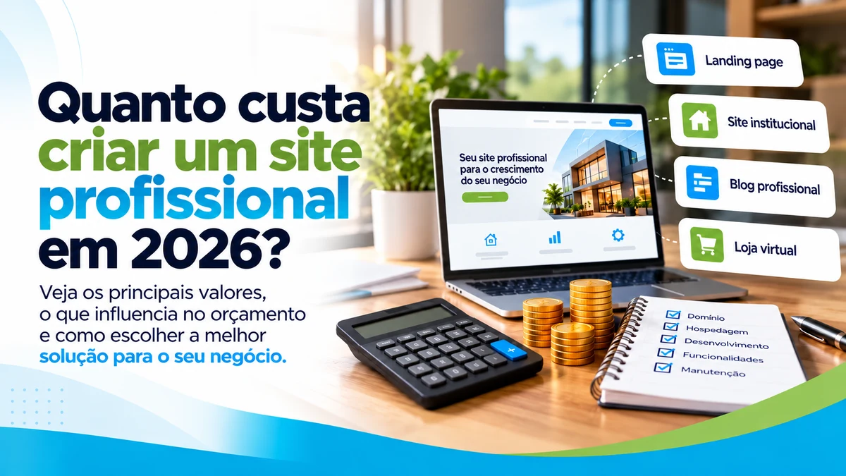 Ilustração sobre o custo de criar um site profissional em 2026, com notebook, calculadora e elementos de planejamento.