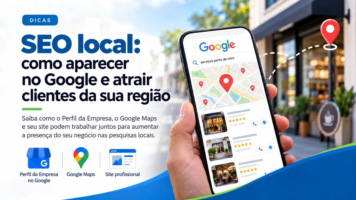 Ilustração sobre SEO local com smartphone exibindo resultados de busca, mapa e estabelecimentos comerciais.